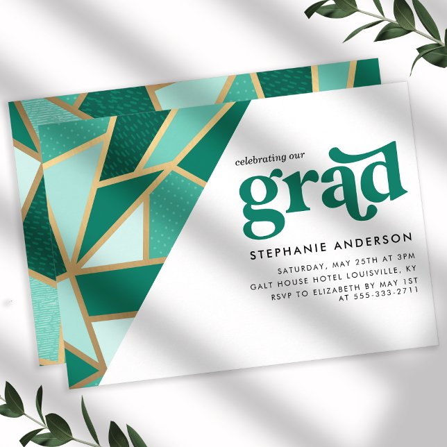 Grön och Guld Geometrisk Examenfest Inbjudningar (Skapare uppladdad)
