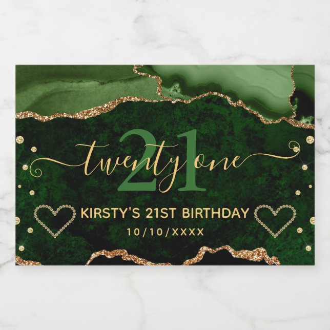 Grön och Guld Glitter Agat Marmor 21-årsdag (Enkel etikett)