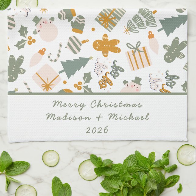 Grön och guld julfirande party kökshandduk (Vikta)