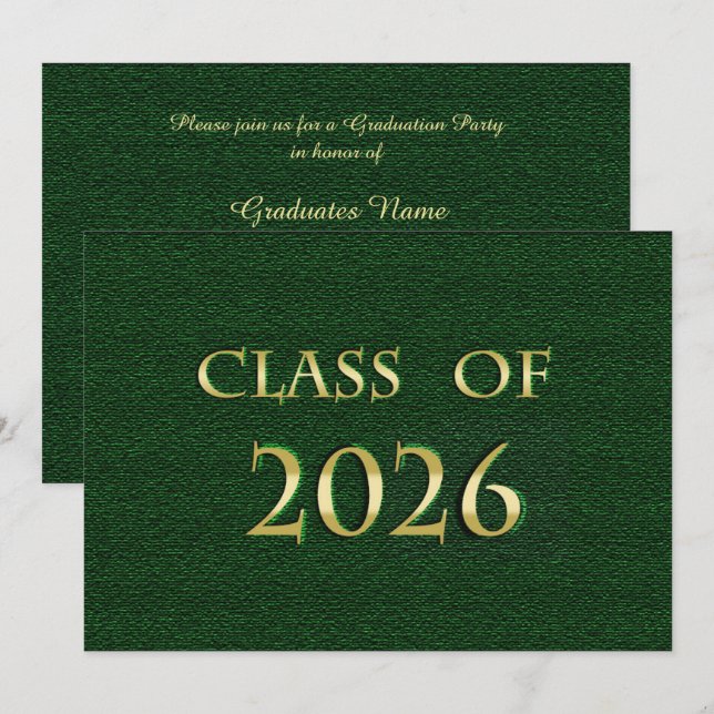 Grön och guld klass 2026 examensfest kort (Fram/baksida)