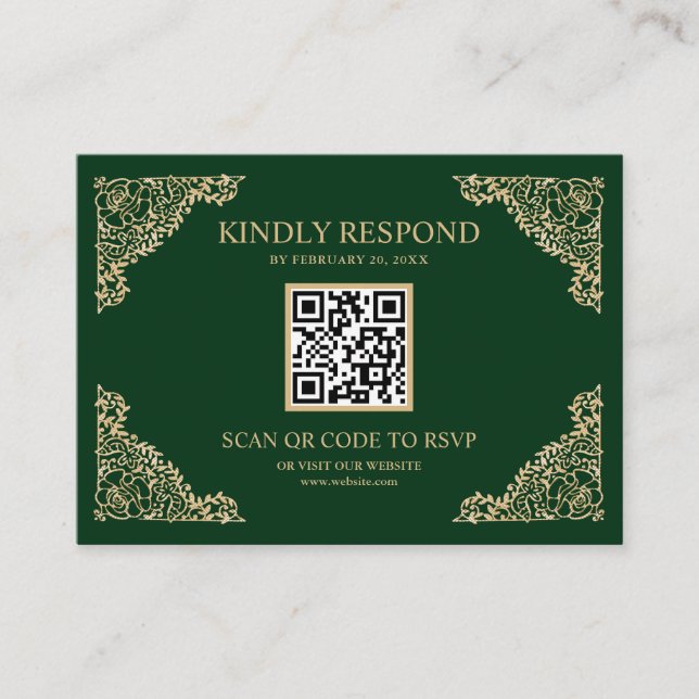 Grön och guld ram QR-kod RSVP Bröllopswebbplats Tilläggskort (Framsida)