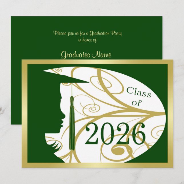 Grön och Guld Siluett 2026 Examenfest Inbjudningar (Fram/baksida)