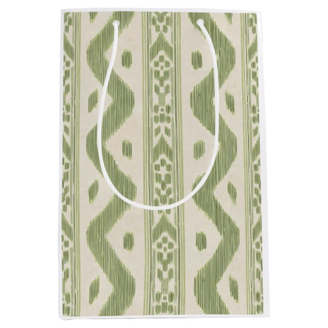 Grön och krämfärgad Ikat-presentpåse, vävd rand (Framsidan)