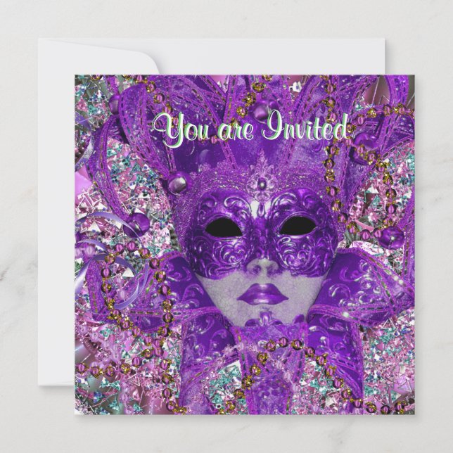 Grön och lila maskeradbal inbjudningar (Framsida)