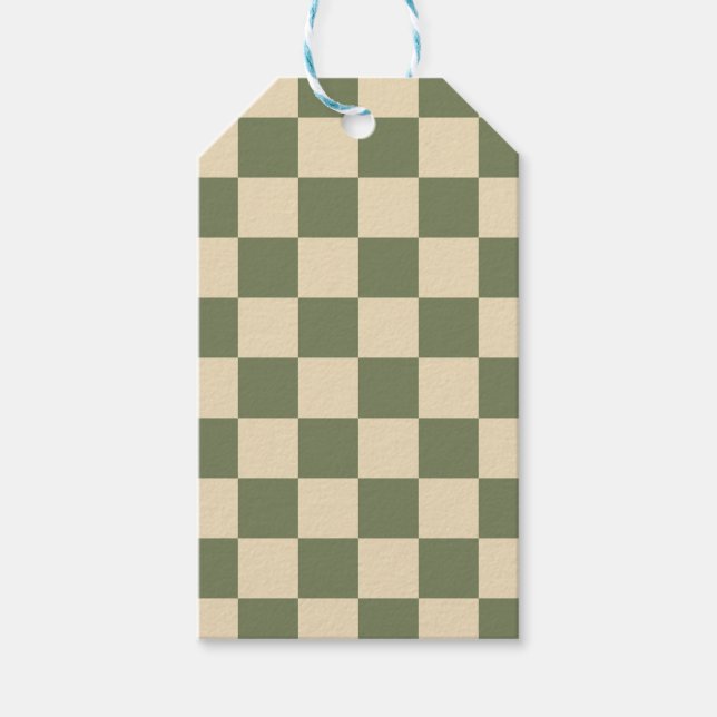 Grön och ljusbeige rutig mönster presentetikett (Framsidan)