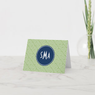 Grön och marinblå Monogram för greknyckelmönster Anteckningskort