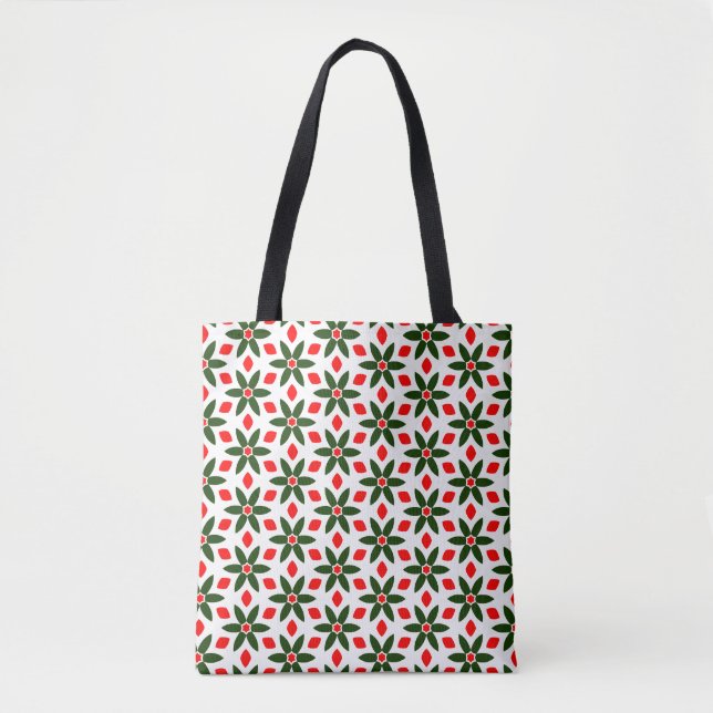 Grön och röd blommig mönstrad tote tygkasse (Framsida)