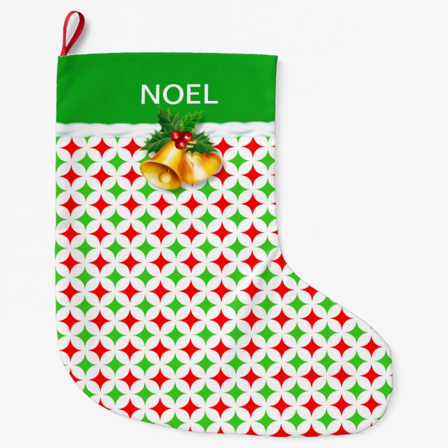 Grön och röd diamantstjärnmönster på vit stor ch julstrumpa (Framsidan)