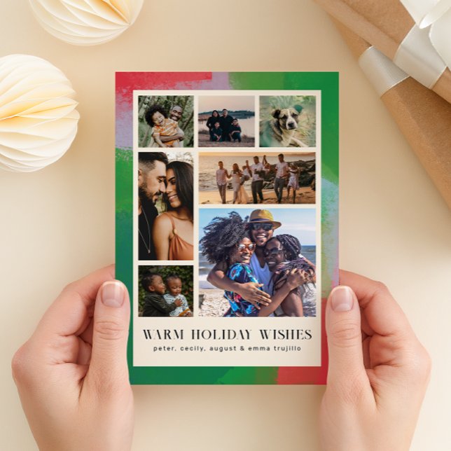 Grön och röd konstfullt målad ram och sju foton julkort (Skapare uppladdad)