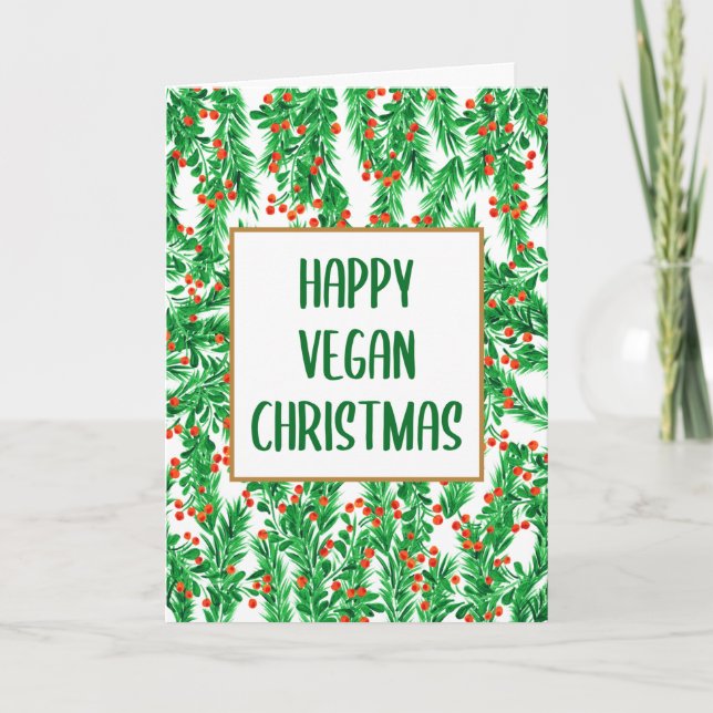 Grön och röd lycklig vegansk jul  kort (Framsida)