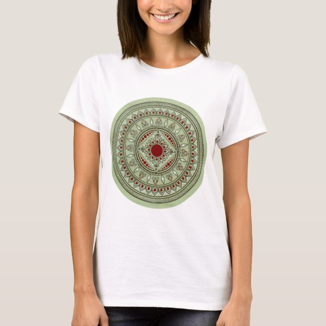 Grön och röd Mandalablommadesign för hand plockade Tee (Framsida)