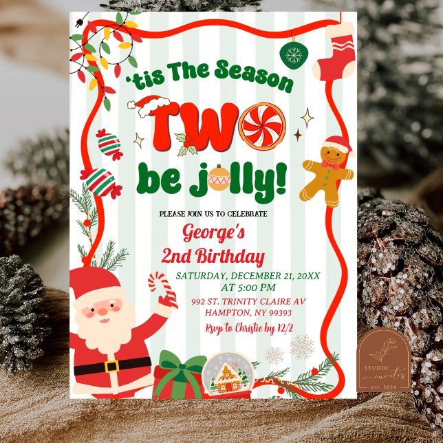 Grön och röd retro jul vinter 2-års födelsedag inbjudningar (Skapare uppladdad)