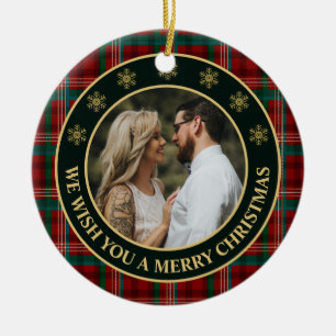 Grön och röd vinterrutig familjefoto jul julgransprydnad keramik