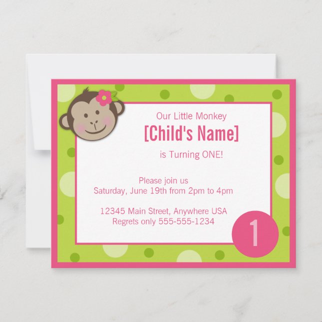 Grön och rosa födelsedaginbjudan 4,2 för apaflicka inbjudningar (Framsida)