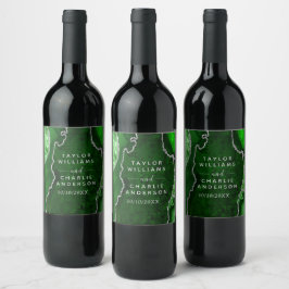 Grön och Silver Agat Marmor Bröllop Vinflaska Etikett