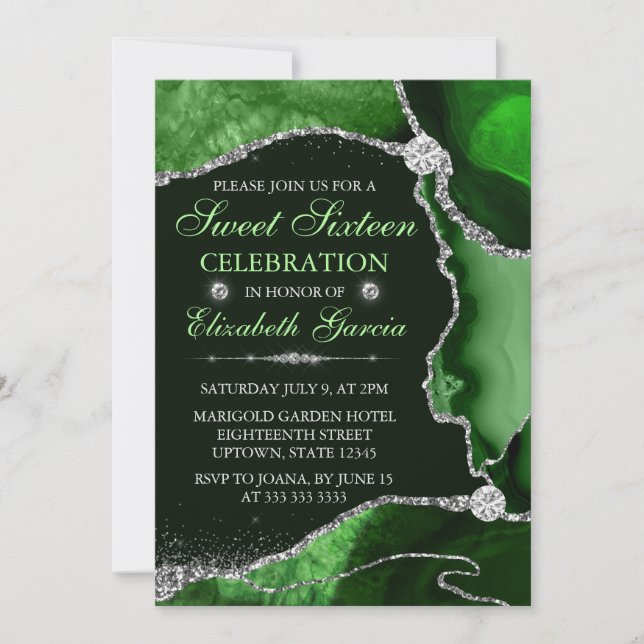 Grön och silver falsk glitter agat Sweet Sixteen Inbjudningar (Framsida)