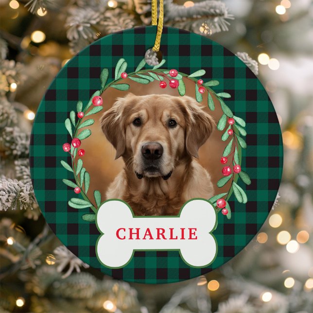 Grön och svart karoad hund fotokrans till jul julgransprydnad keramik (Skapare uppladdad)