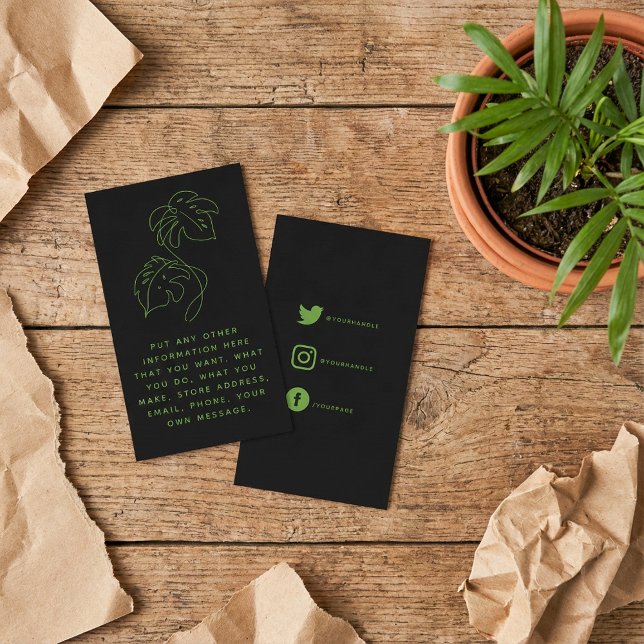 Grön och svart monstera, tack för sociala länkar tilläggskort (Green and black monstera, social links thank you enclosure card.)