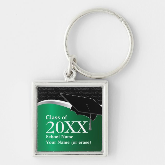 Grön och svart studenten Keychain för anpassade Fyrkantig Silverfärgad Nyckelring (Framsidan)