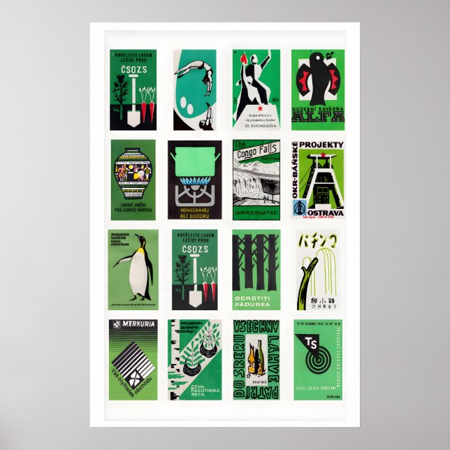Grön och svart tändsticksask-etikett collage, retr poster (Framsidan)
