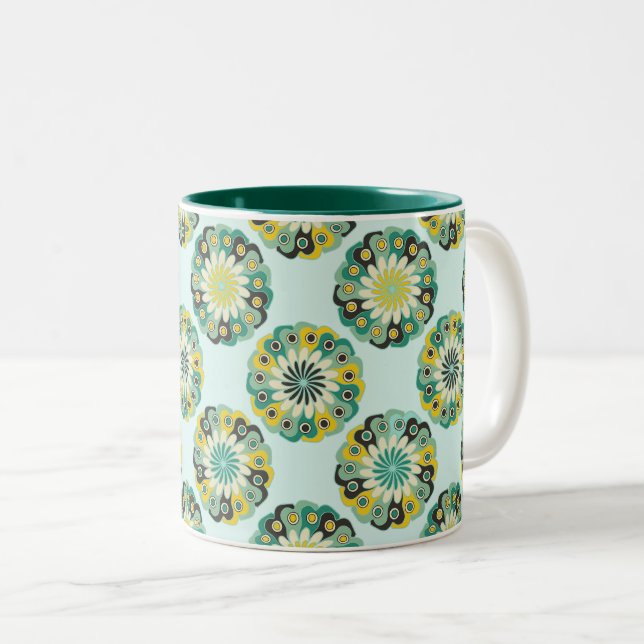 Grön och turkos modern geometrisk blommönster Två-Tonad mugg (Framsida höger)