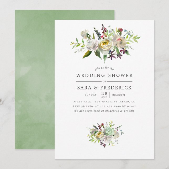 Grön och vit akvarell blommande bröllopsdusch inbjudningar (Fram/baksida)