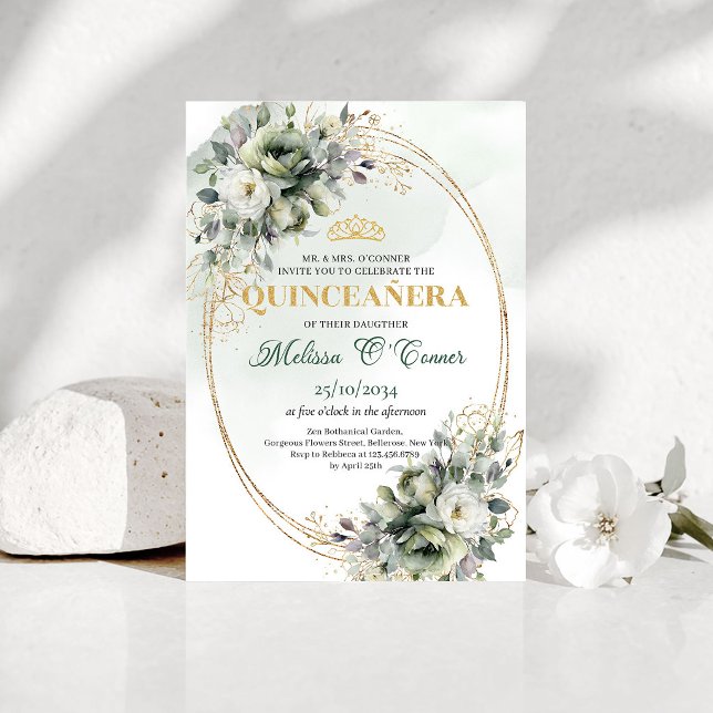 Grön Och Vit Eukalyptus Quinceañera Inbjudan (Green And White Eucalyptus Quinceañera Invite)