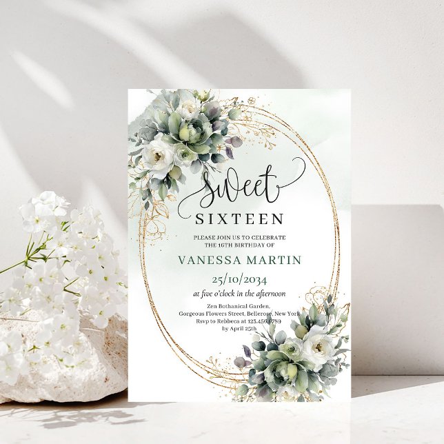 Grön Och Vit Eukalyptus Sweet 16 Inbjudan (Green And White Eucalyptus Sweet 16 Invitation)