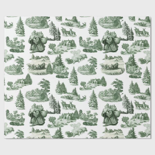 Grön och vit jul toile estetik presentpapper (Platt)