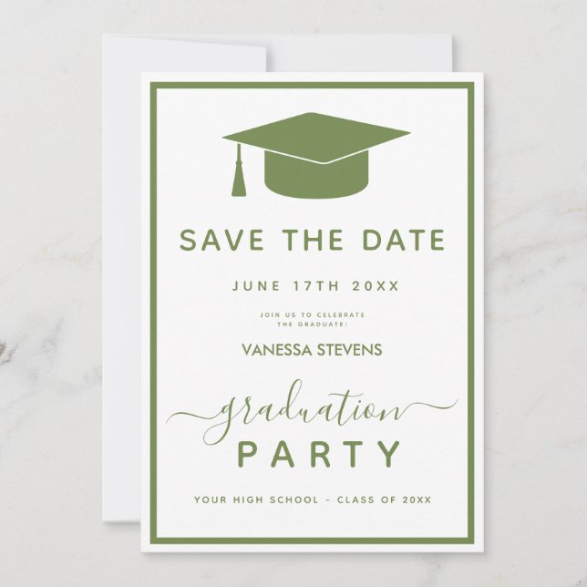 Grön Och Vit Klassisk Examen Save the Date Inbjudningar (Framsida)