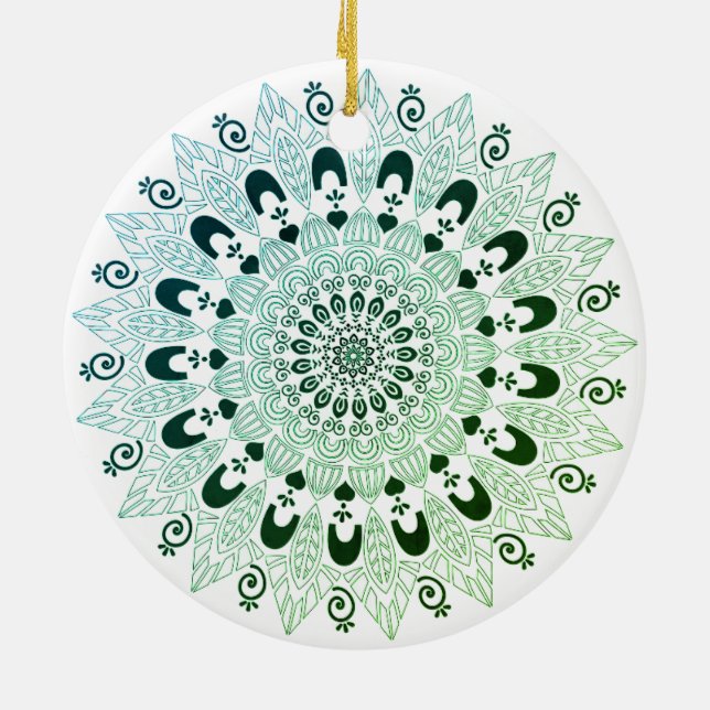 Grön och vit Mandala Blommig Design  Julgransprydnad Keramik (Baksidan)