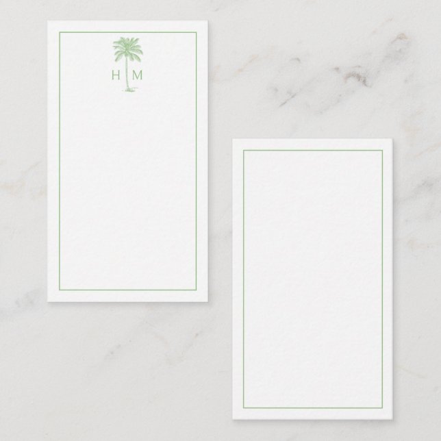 Grön och vit palm palmetto träd monogram anteckningskort (Fram/baksida)