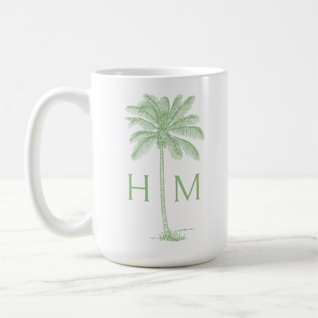 Grön och vit palm palmetto träd monogram kaffemugg (Vänster)