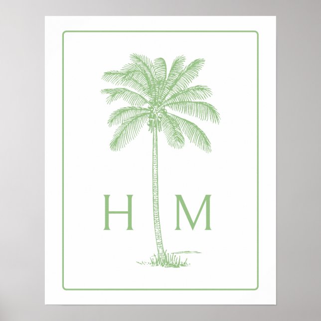 Grön och vit palm palmetto trädmonogram poster (Framsidan)