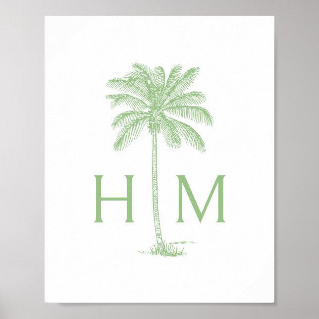Grön och vit palm palmetto trädmonogram poster (Framsidan)