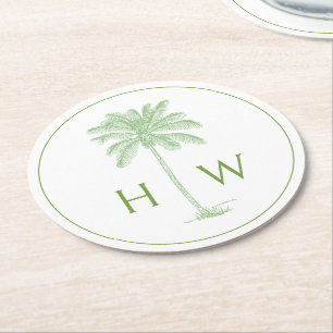 Grön och vit palm palmetto trädmonogram underlägg papper rund