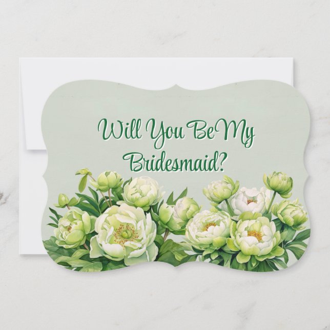 Grön och vit peony Vill du vara min brudtjänstefli Inbjudningar (Framsida)