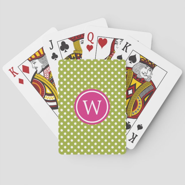 Grön och vit prickig med rosa monogram casinokort (Baksidan)