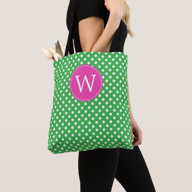 Grön och vit prickig med rosa monogram tygkasse (Närbild)