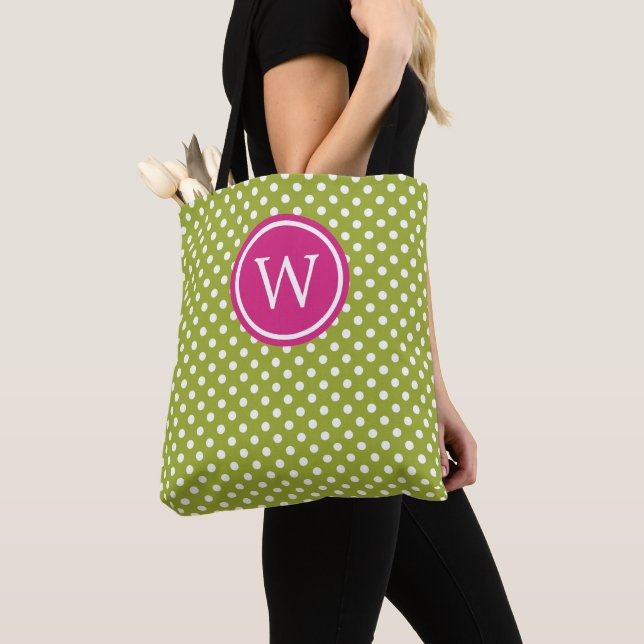 Grön och vit prickig med rosa monogram tygkasse (Närbild)