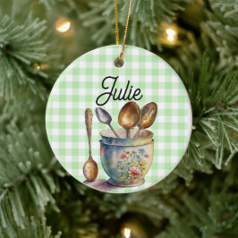 "Grön och vit rutig - Skedar i kopp Julgransprydnad Keramik