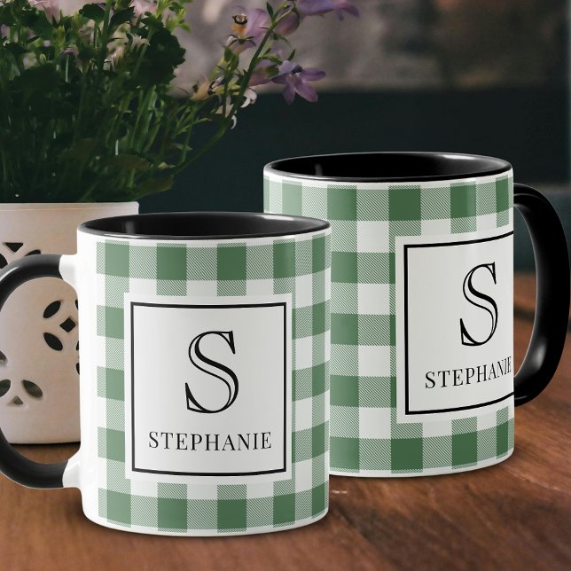 Grön och vit rutig svart typsnittsmonogramnamn mugg (Skapare uppladdad)