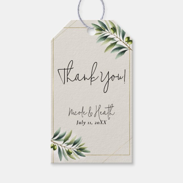 Grön Olivblad Benvit & Guld Rustik Bröllopsfest Presentetikett (Framsidan)