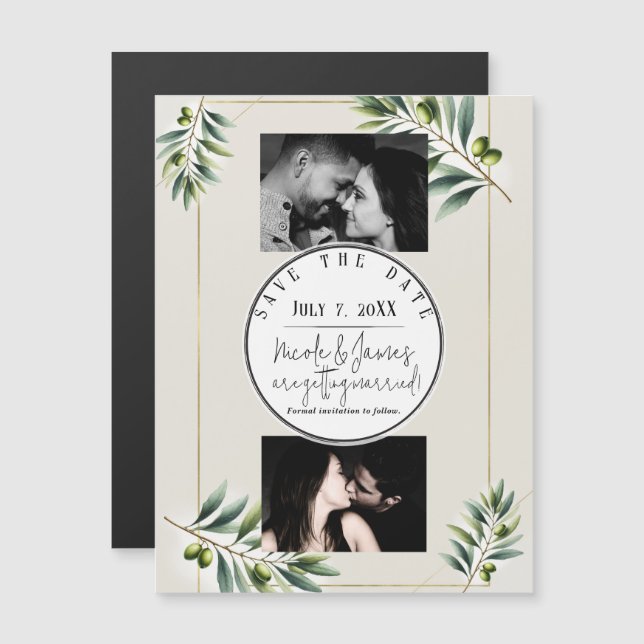 Grön Olivblad Benvit & Guld Save the Date (Fram/baksida)