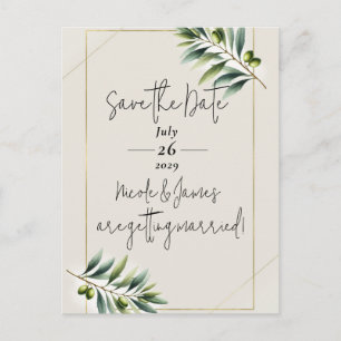 Grön Olivblad Benvit & Guld Save the Date Meddelande Vykort