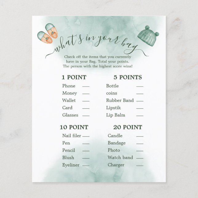 GRÖN & ORANGE AKVARELL BABYSHOWER-SPELET (Baksida)