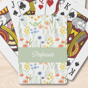 Grön Orange Akvarell Vildblomma Monogram Namn Casinokort