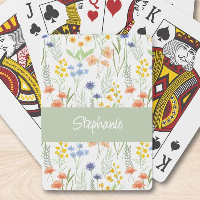 Grön Orange Akvarell Vildblomma Monogram Namn Casinokort (Skapare uppladdad)