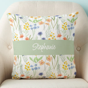 Grön Orange Akvarell Vildblomma Monogram Namn Kudde