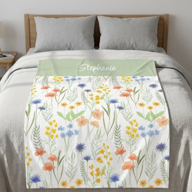 Grön Orange Akvarell Vildblomma Namn Fleecefilt (Skapare uppladdad)